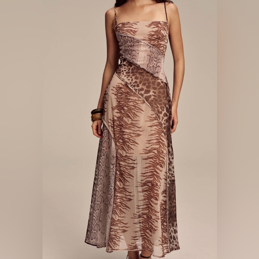 Commense Animal Print Panel Semi-Sheer Mesh Maxi Dress Size S